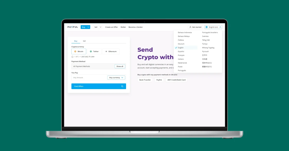 Paxful marketplace - product surface running a multilingual, multi-market trading experience in 2021.