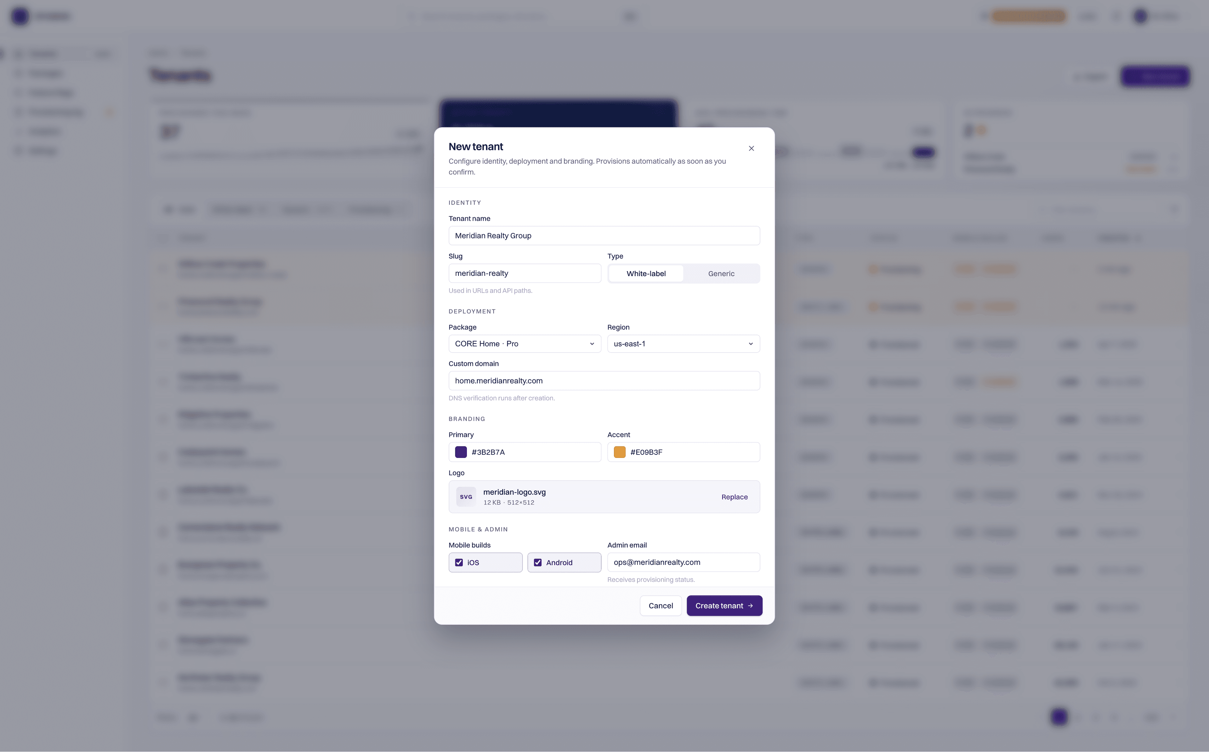 New-tenant provisioning dialog with branding, domain, and configuration fields