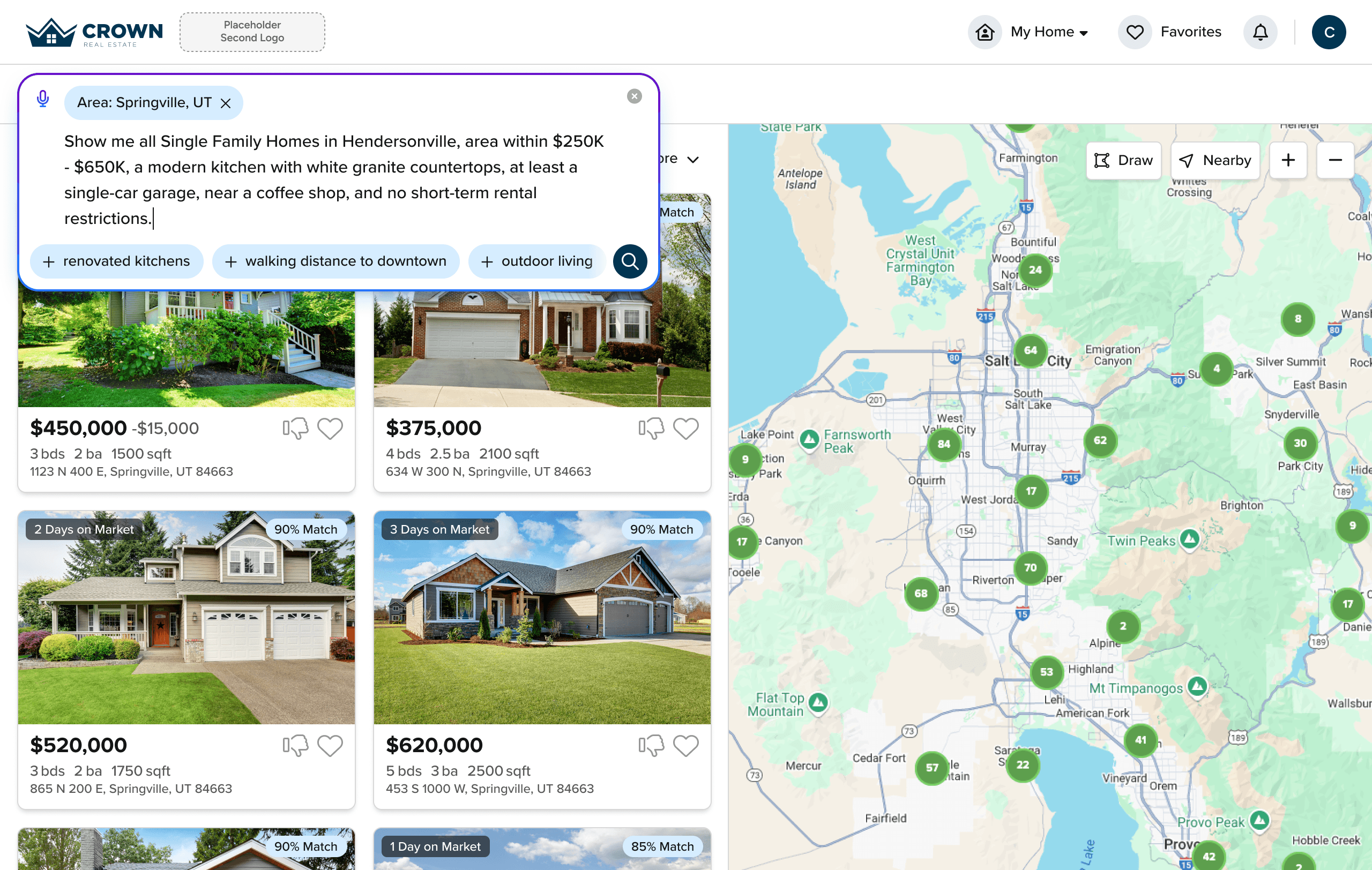 CORE Home with HomeSearch AI live, natural-language query in flight
