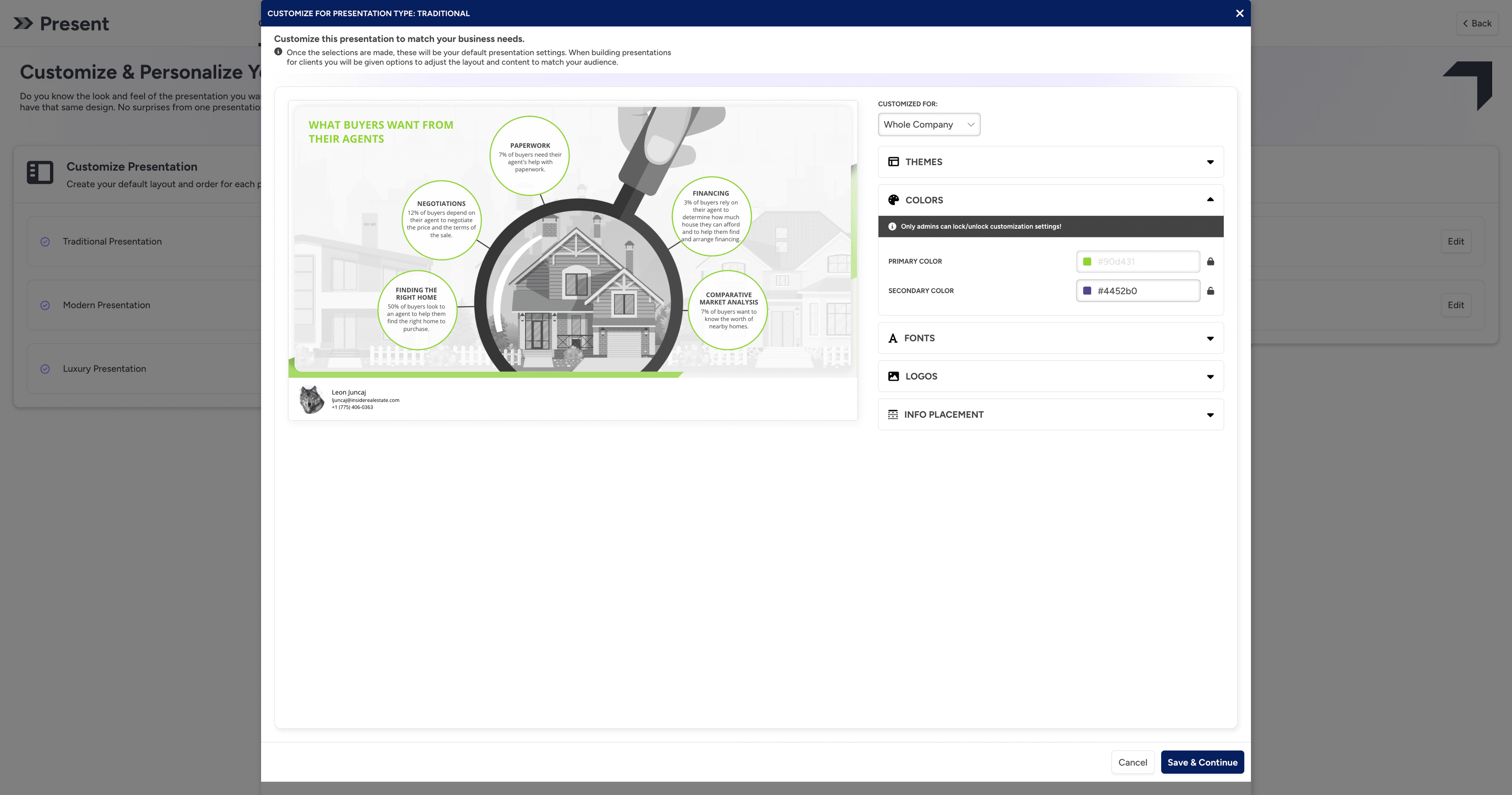Brand inheritance admin showing the brokerage, office, team, and agent levels with per-setting lock controls