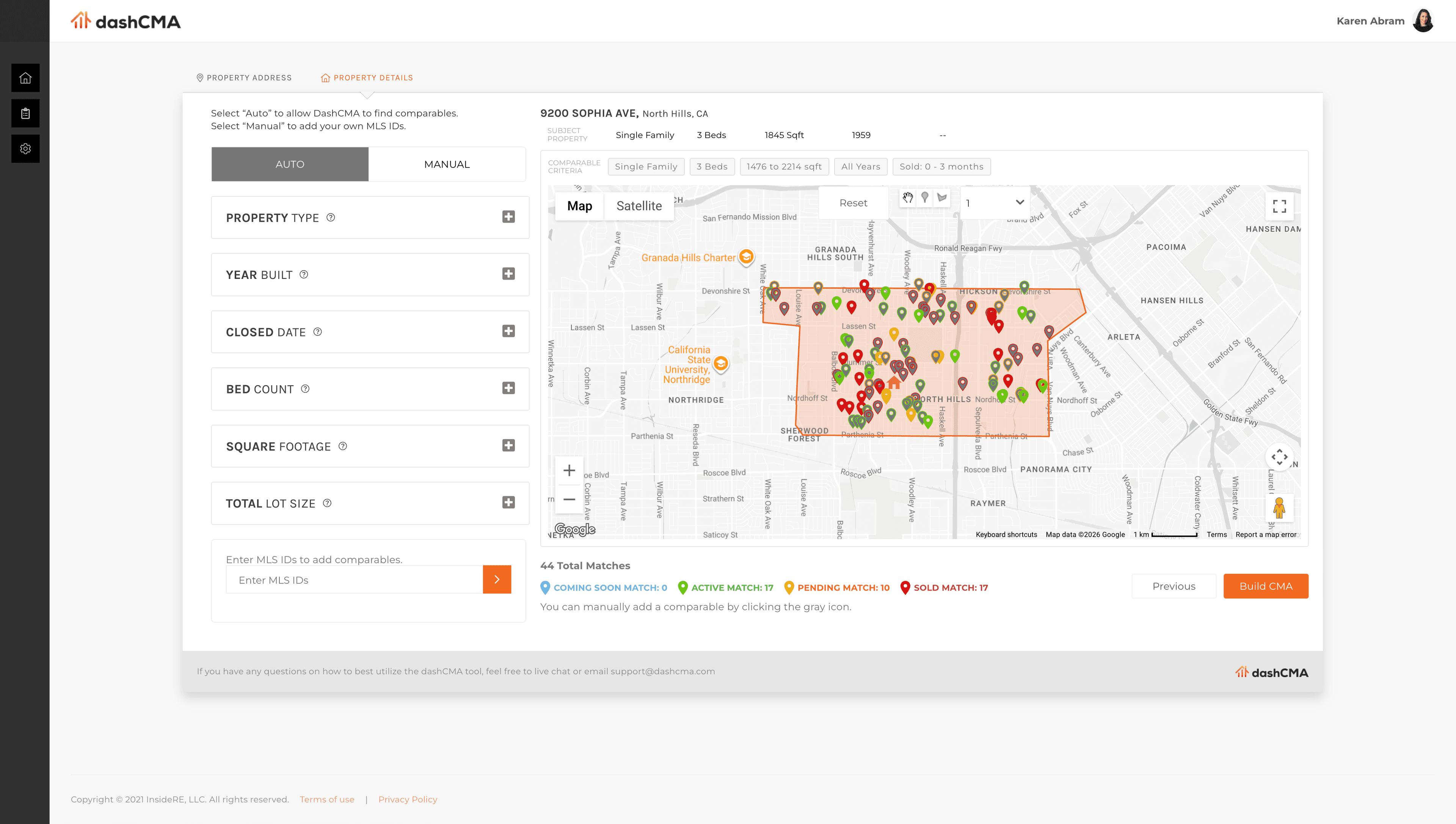 dashCMA pricing interface - interactive map and property filter view