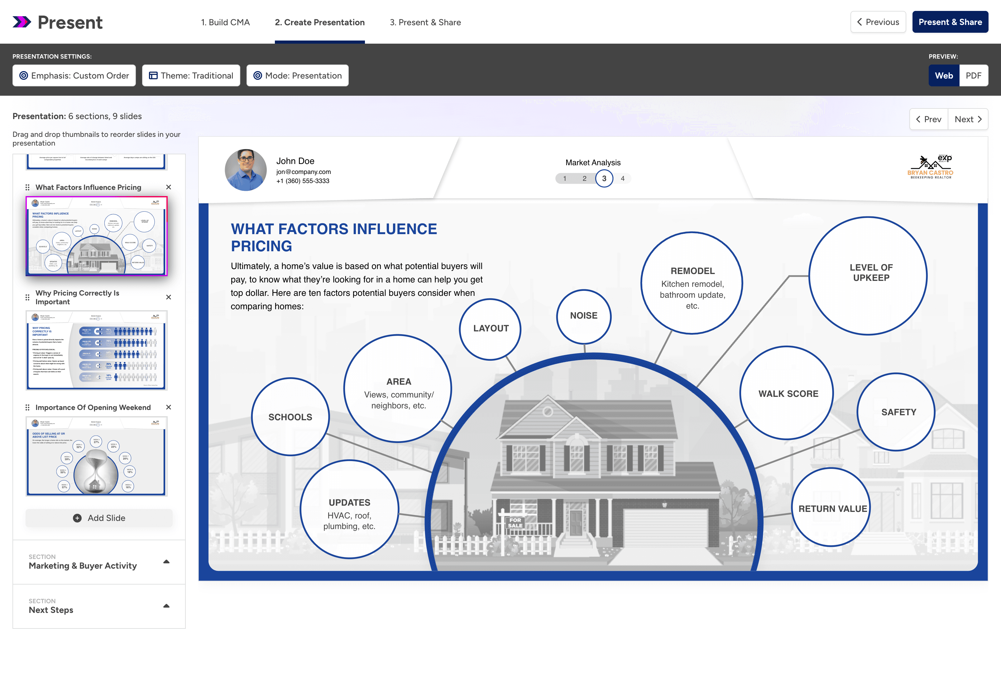 Presentation builder - slide canvas with library panel and branded preview