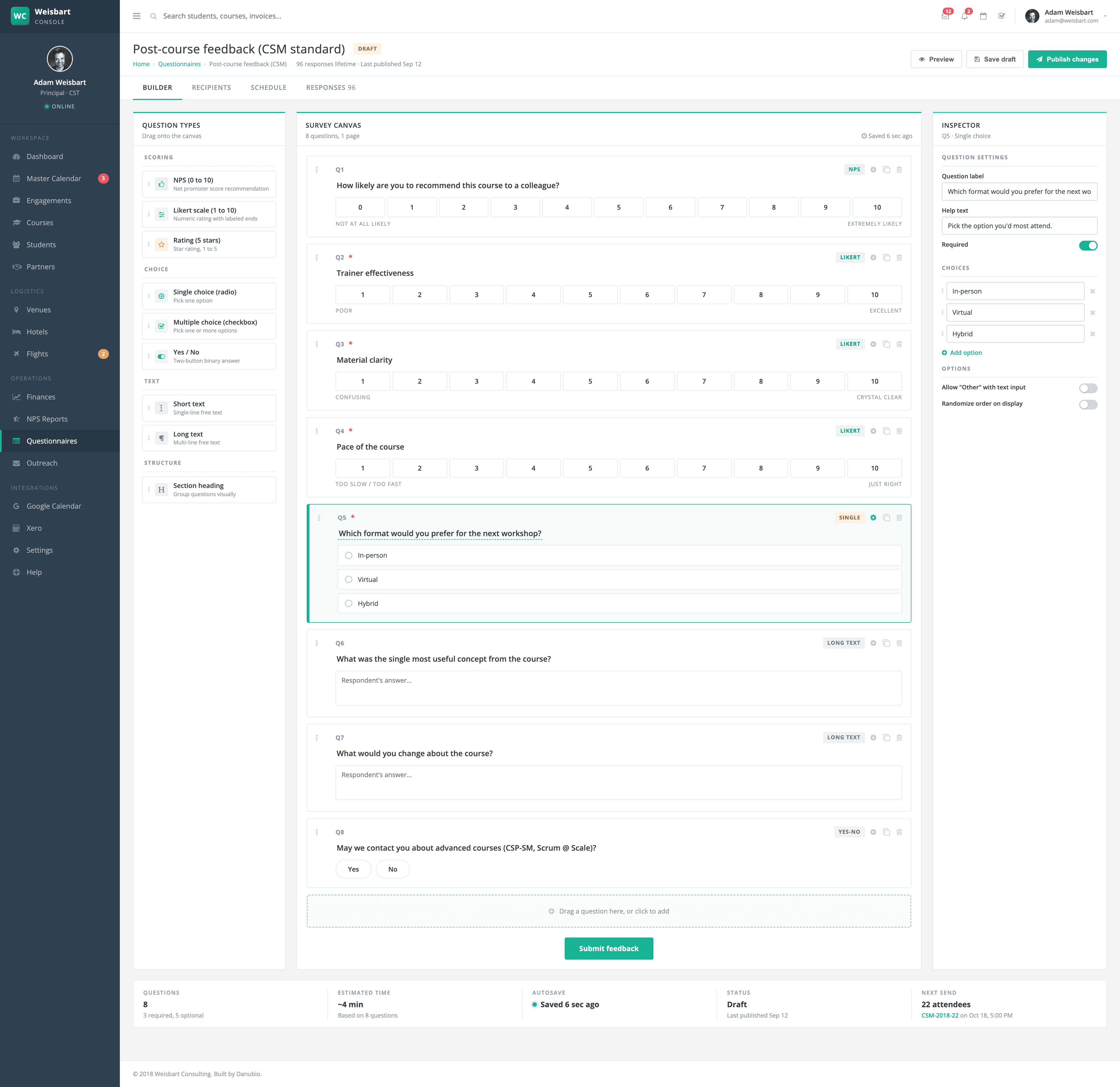 Questionnaire builder: drag-and-drop question palette, live survey canvas with eight questions, and inspector panel for the selected question