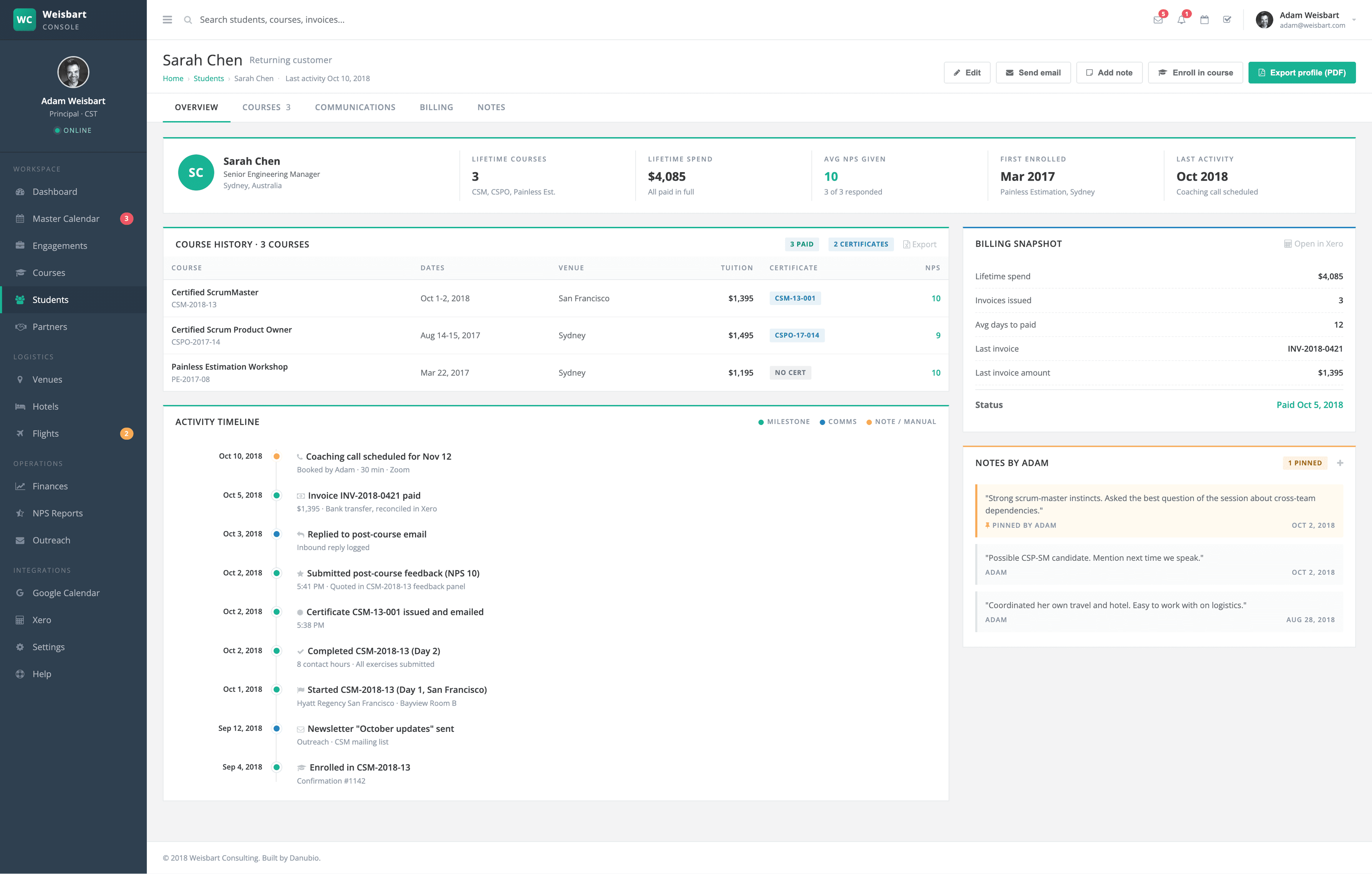 Student profile: lifetime course history, billing snapshot, activity timeline, and pinned notes from Adam