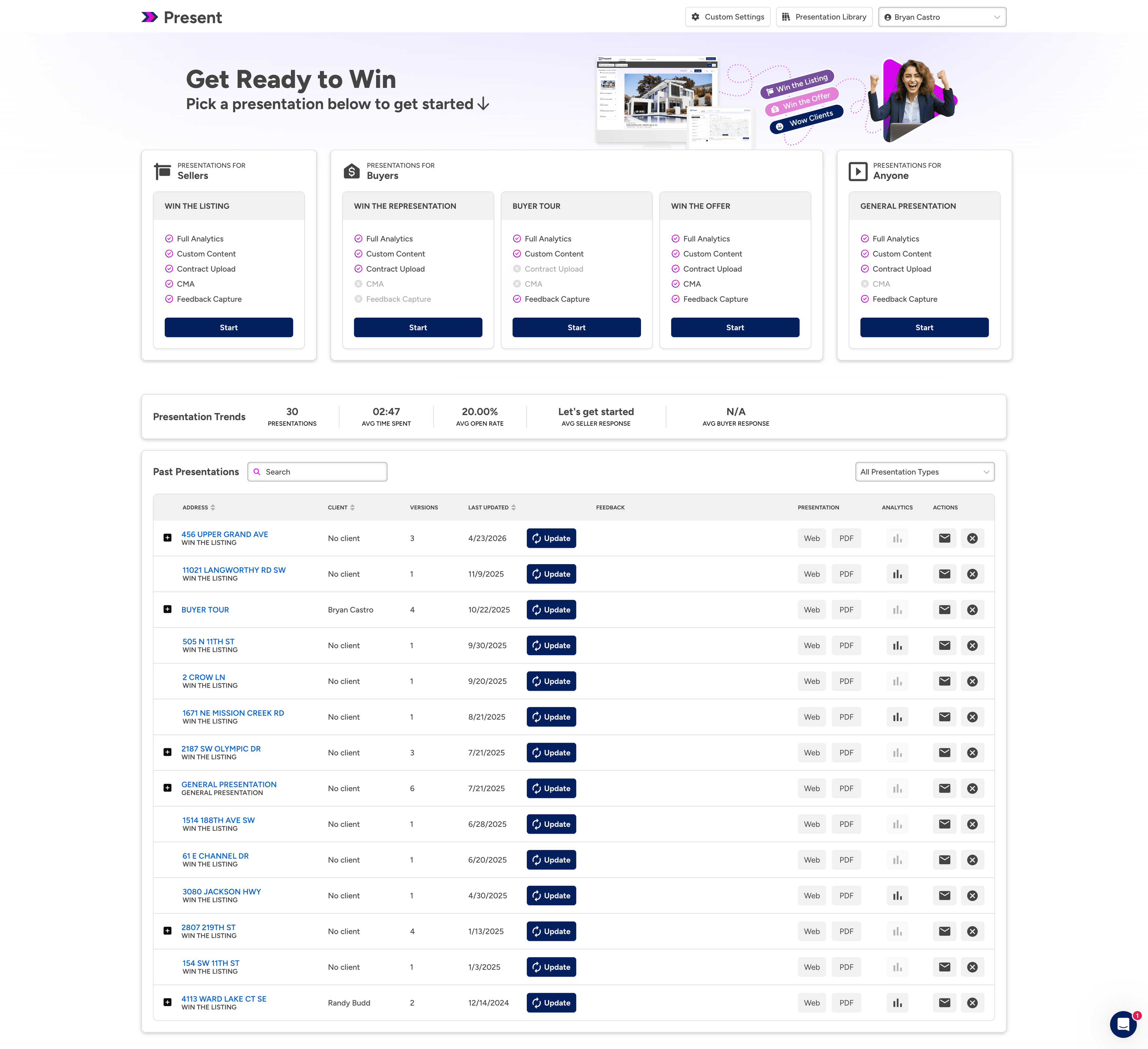 Workflow picker showing the four agent flows: pitching sellers, preparing buyers, dual representation, and tour walkthrough