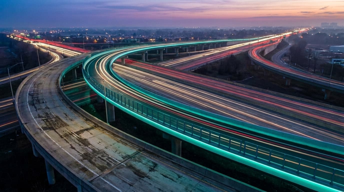 A dusk aerial view of a highway interchange at long exposure, the freshly rebuilt ramp glowing teal along its full length while traffic streaks past as light trails on the older grey ramps.