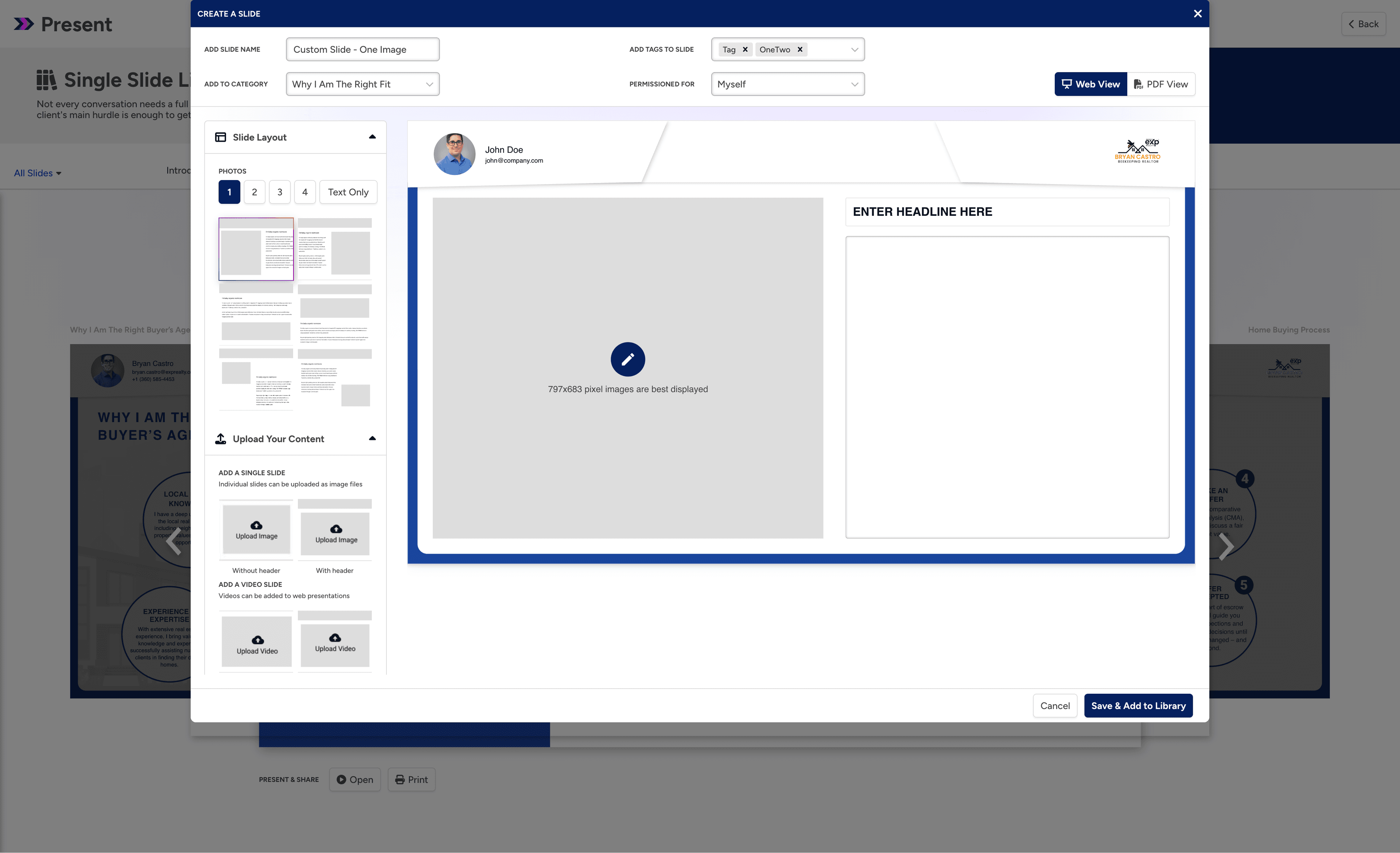 Adding a slide from the library into a presentation