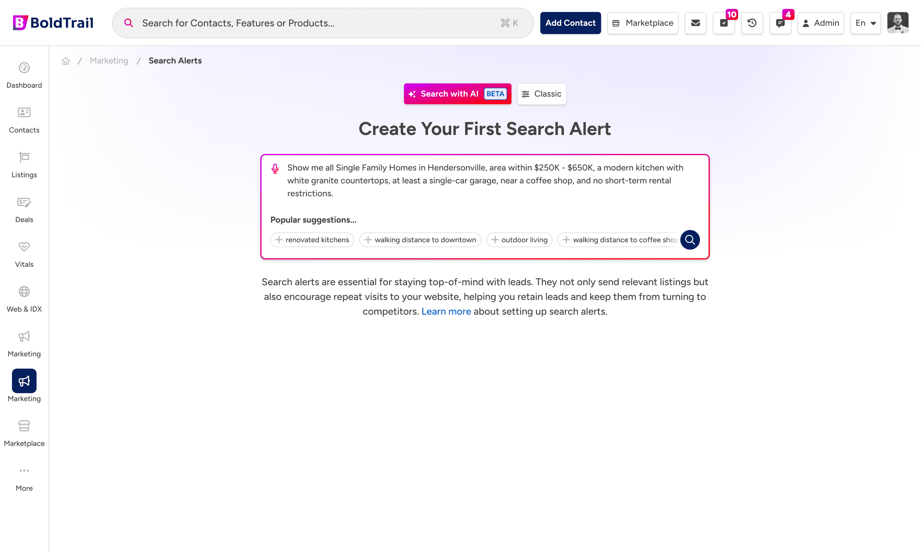 Creating a new BoldTrail search alert from a natural-language query