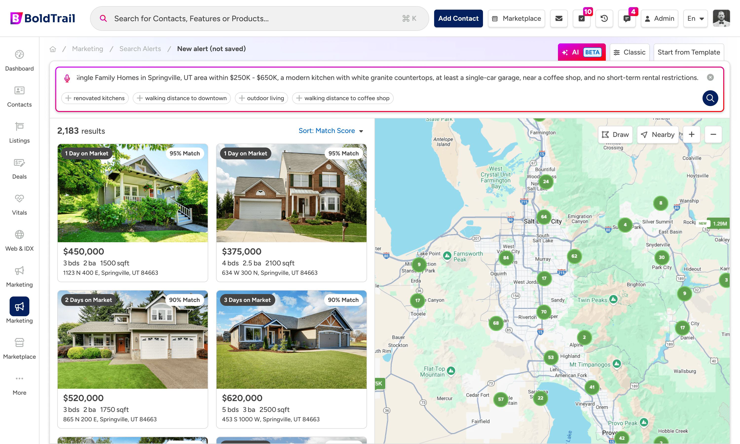 BoldTrail alert results page showing matching properties and a map