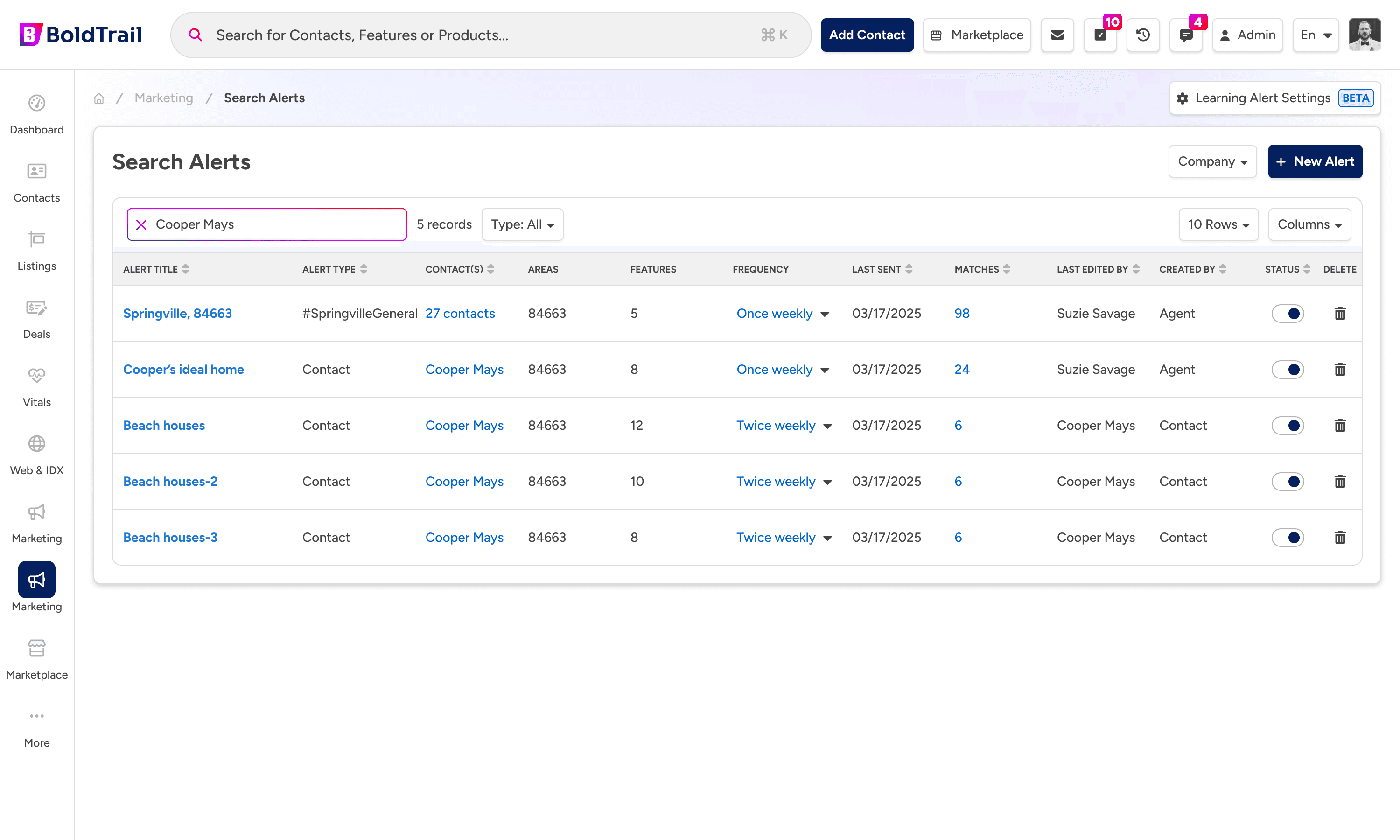 BoldTrail Search Alerts list view across an agent’s pipeline