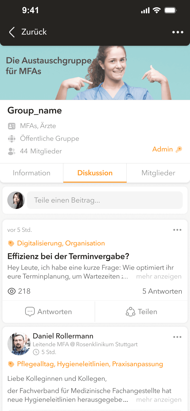 Curawork mobile group page with profile header, member count, and a discussion feed