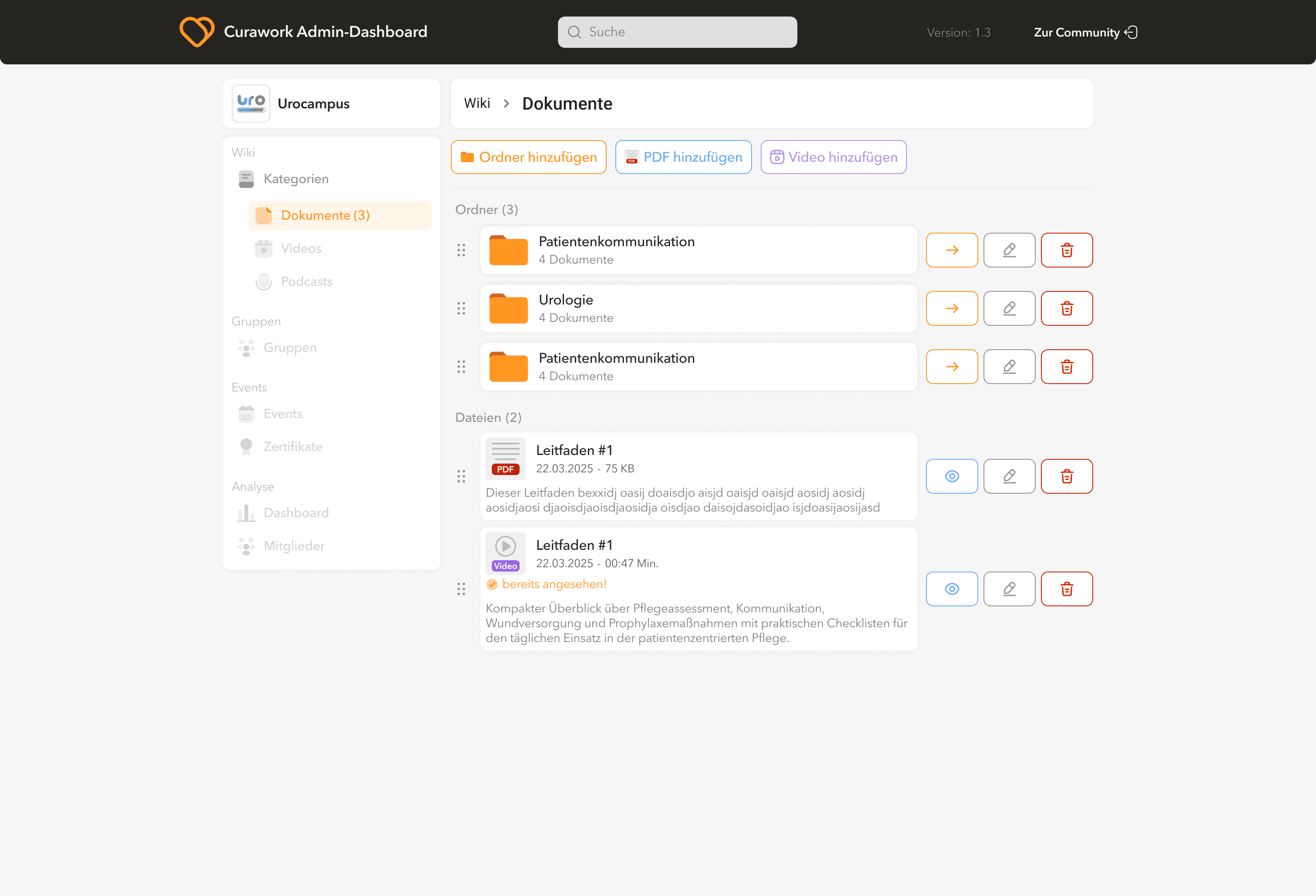 Curawork admin dashboard, Wiki section, Documents tab active with folders, PDF and video files, and add controls