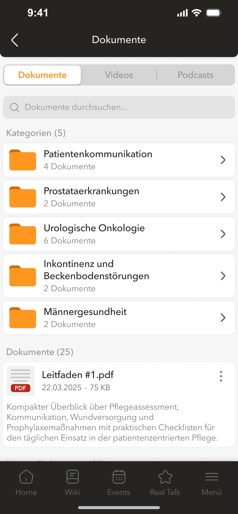 Curawork mobile wiki view with Documents, Videos, and Podcasts tabs and a list of folder categories