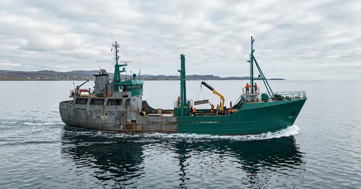 A steel ship underway, its weathered grey aft half intact while the rebuilt forward half is painted teal, the water beneath undisturbed.